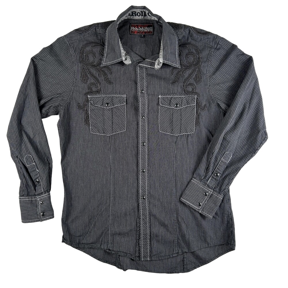 Rock & Roll Cowboy Shirt Mens Medium Wrangler Stripe Western Snap Long Sleeve